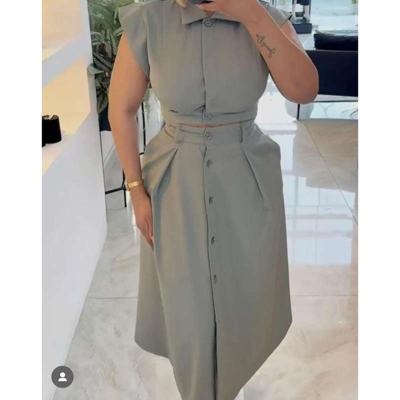 Ruffle Front Trim Button Shirt & Skirt Set.
