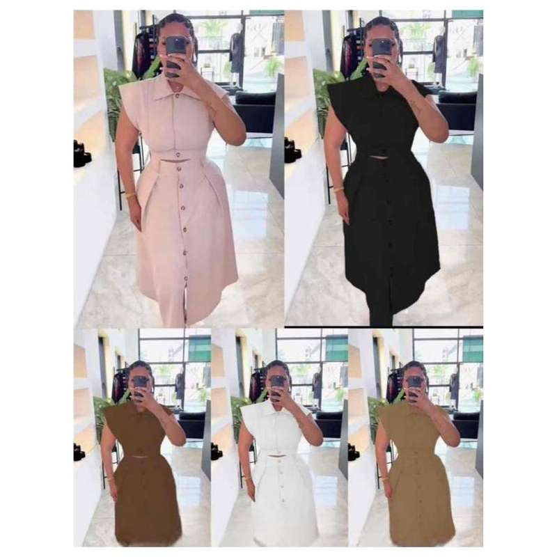 Ruffle Front Trim Button Shirt & Skirt Set.