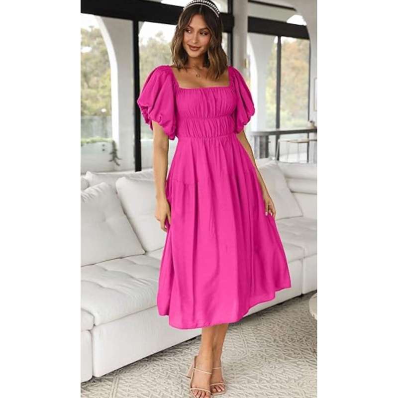 Elegant Puff Sleeve Retro Bandage Solid Design Dress.