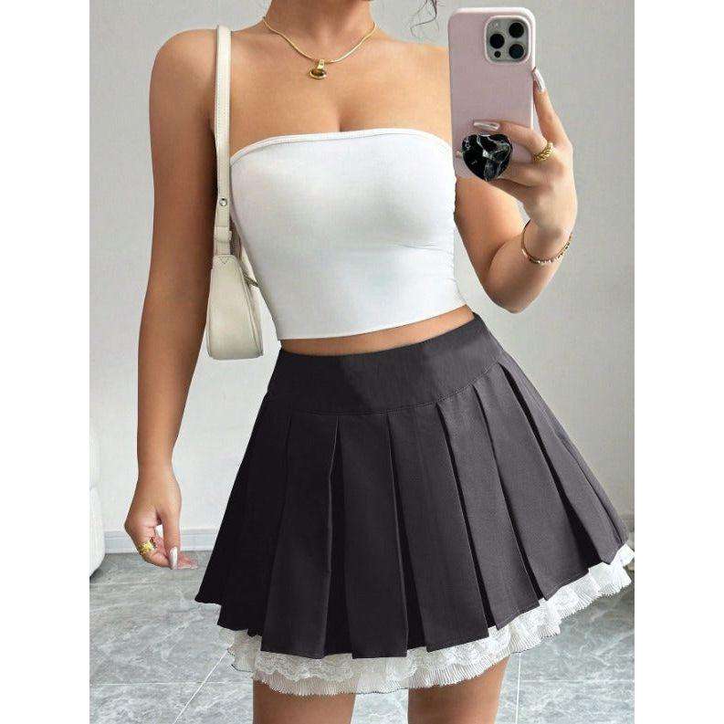 Lace Trim Pleated Mini Skirt
