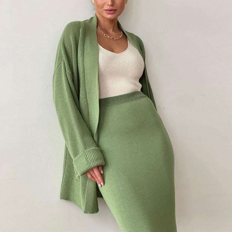 Fashion Cardigan High Waisted Pencil Skirt Knit Sweater Set