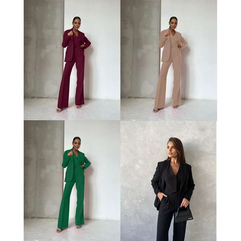 Solid Color Suit Buttoned Jacket And Pants with Vest 3 Piece Set