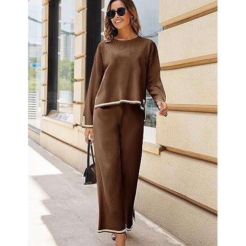 2 Piece Outfits Long Sleeve Knit Sweater Top Wide Leg Pants