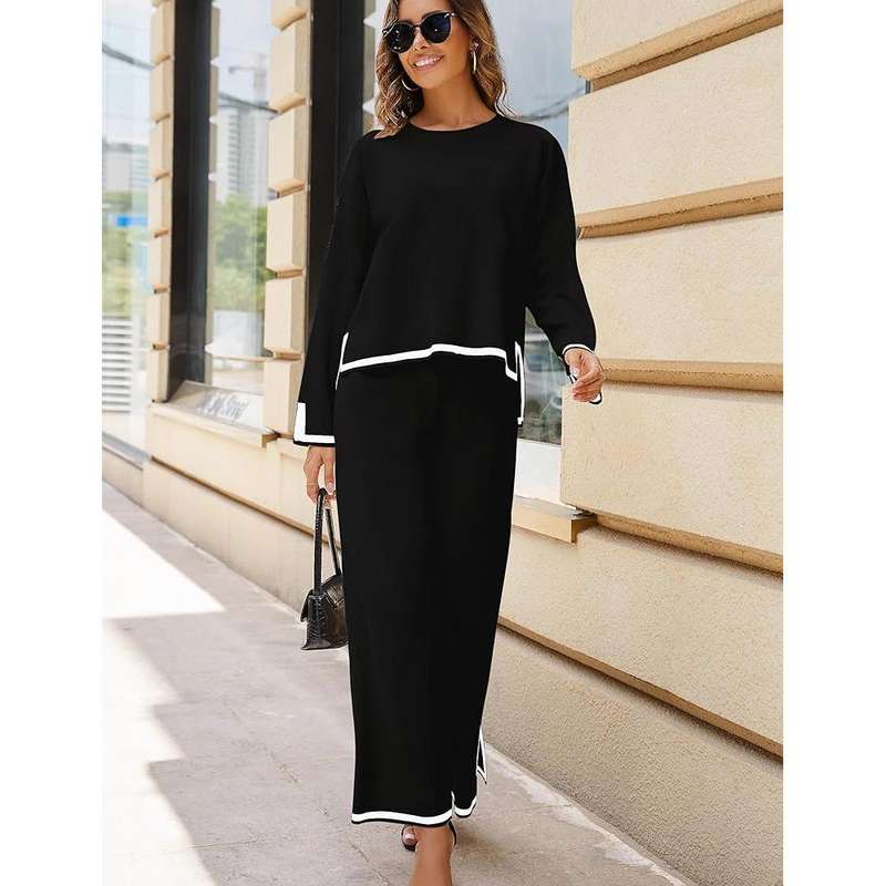 2 Piece Outfits Long Sleeve Knit Sweater Top Wide Leg Pants
