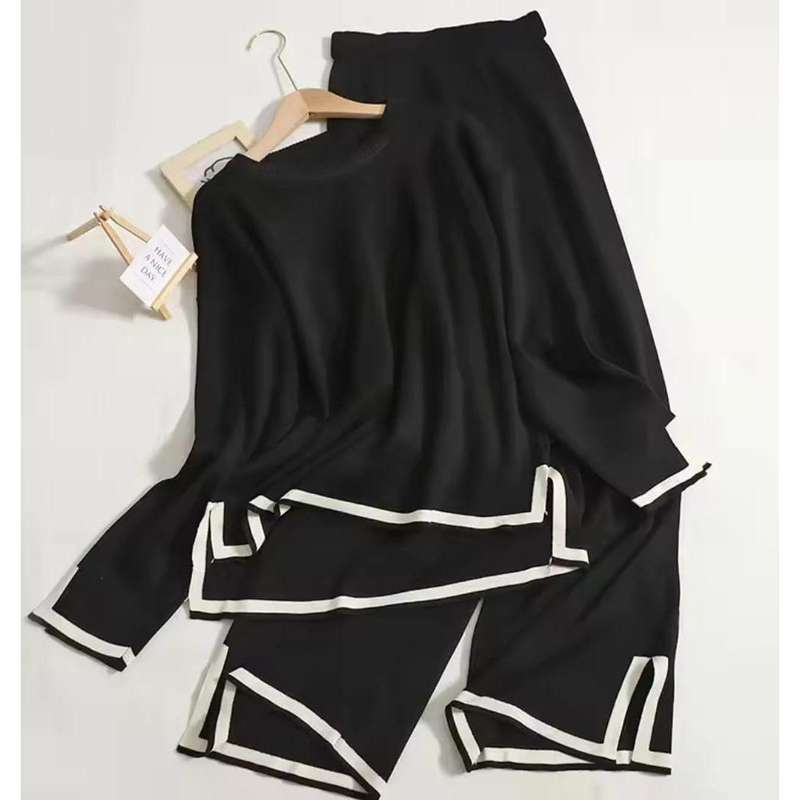 2 Piece Outfits Long Sleeve Knit Sweater Top Wide Leg Pants