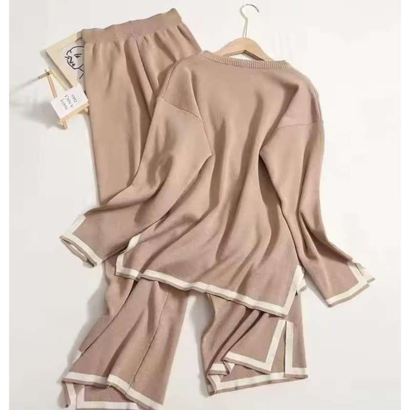 2 Piece Outfits Long Sleeve Knit Sweater Top Wide Leg Pants