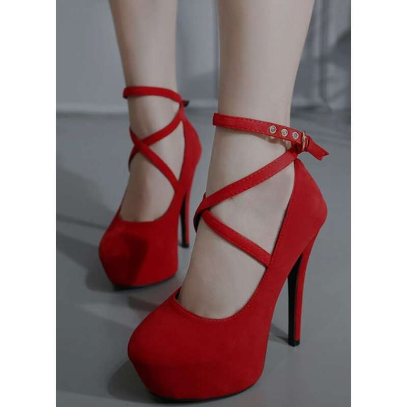 Criss Cross Platform Stiletto Heeled Faux Suede Ankle Strap Pumps