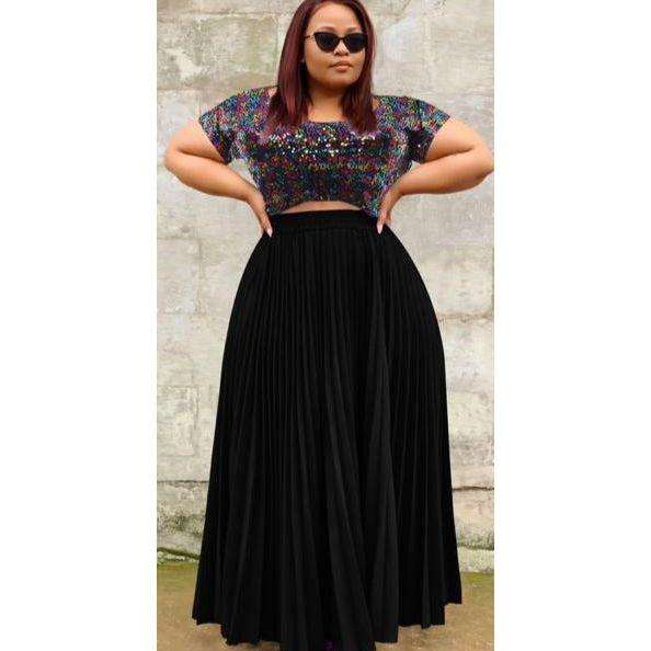 High Waisted Pleated Skirt and Gliter Top Set