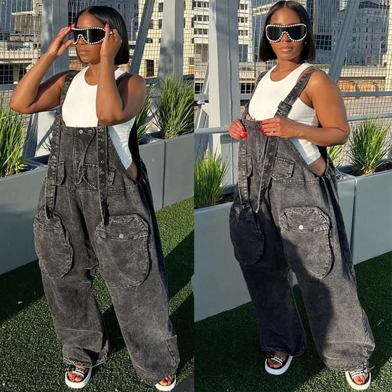 Big Pockets Loose Dungaree Denim Jumpsuit
