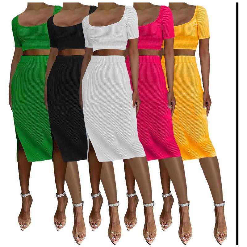 Sexy Knitted Short Sleeve Top & Skirt Set