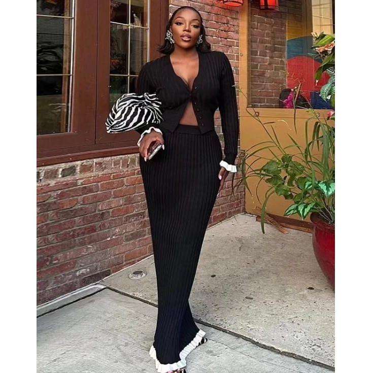 Knitted V-Neck Crop Top and Skirt Set