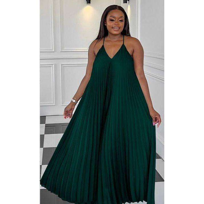 Pleated Sleeveless Midi V-neck Dress.