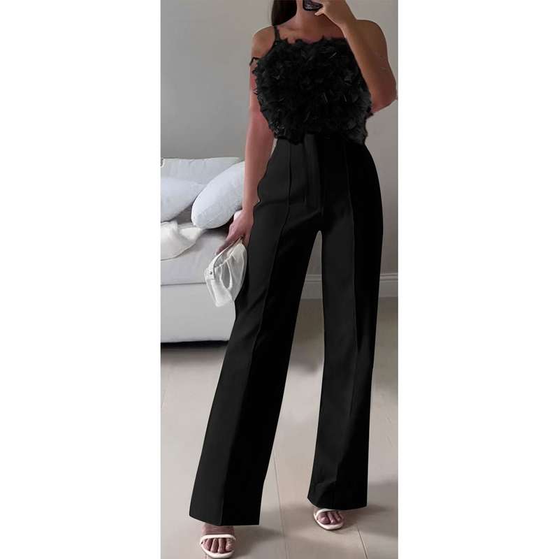 Sleeveless Feather Top and High Waisted Pant Set