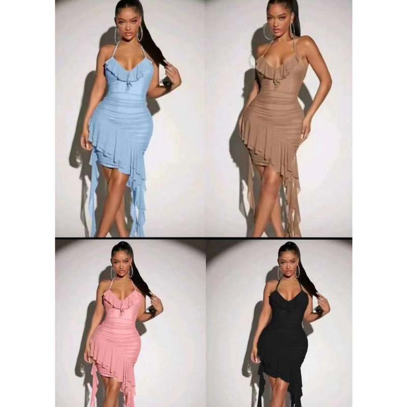 Mesh Double Ruffles Midi Dress