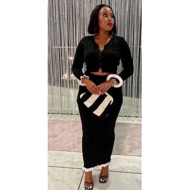 Sexy Knitted Buttoned Top and Skirt Set