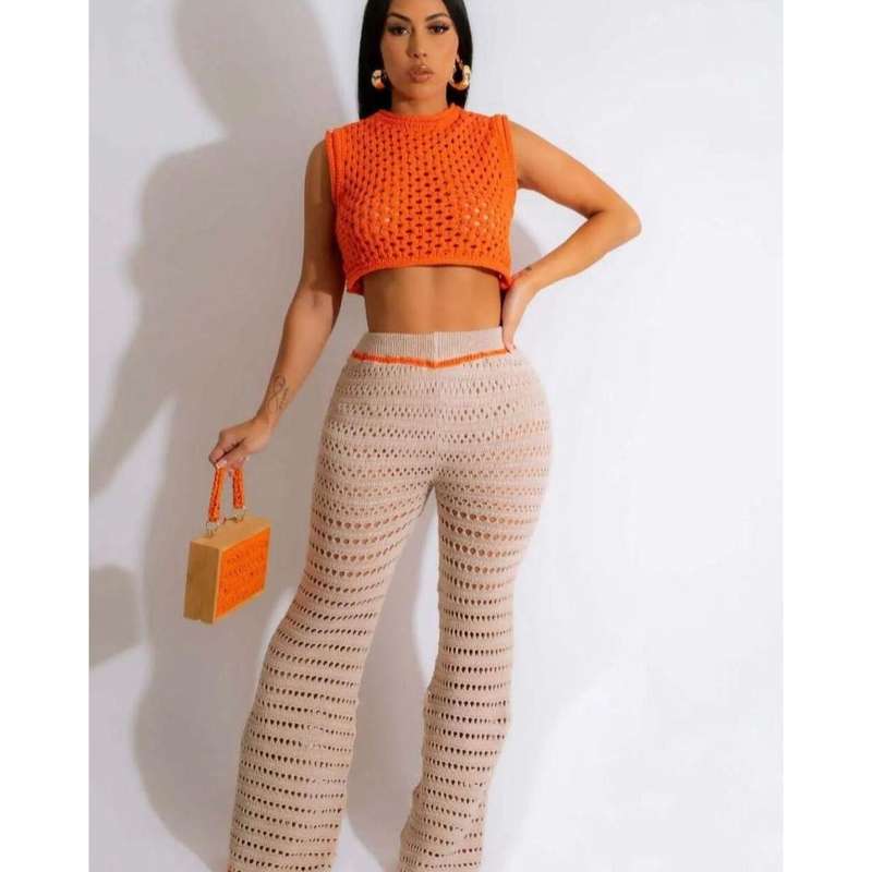 Sexy Knitted Crop Top and Pant Set