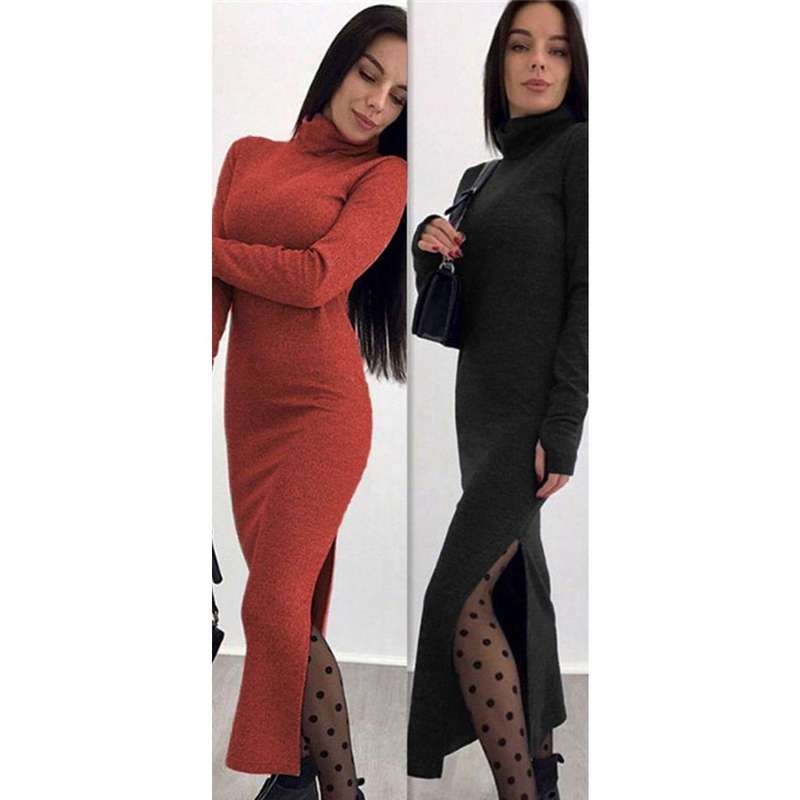 Side Slit Turtleneck Dress