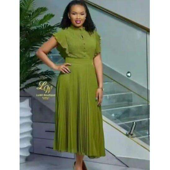 Buttoned Pleated Ruffle Dress