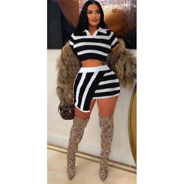 Striped Knitted Crop Top & Skirt Set