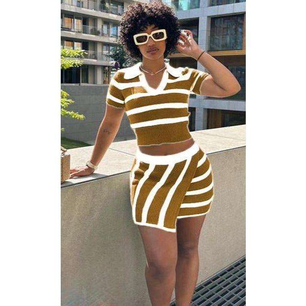 Striped Knitted Crop Top & Skirt Set
