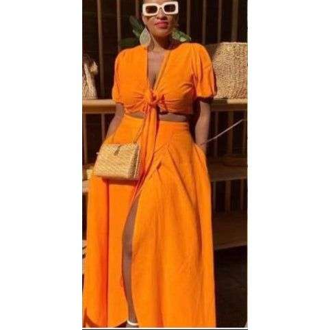 Side Slit Skirt & Knotted Tie Top Set
