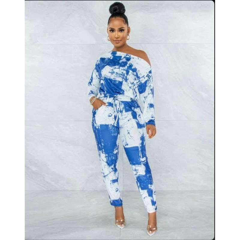 Tie Dye Print Off Shoulder Top & Pants Set