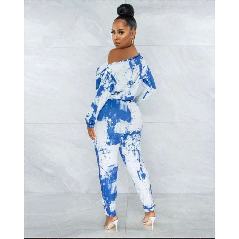 Tie Dye Print Off Shoulder Top & Pants Set