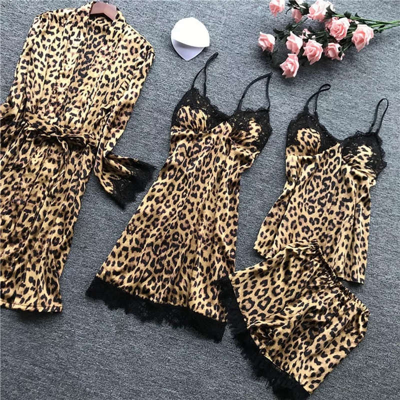 4 Pieces Pajamas Sets Satin Sleepwear Silk Set - LEOPARD / M