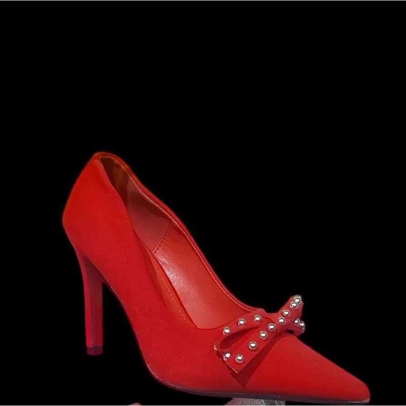 Pearl Bowknot Slim High Heels Shoes.