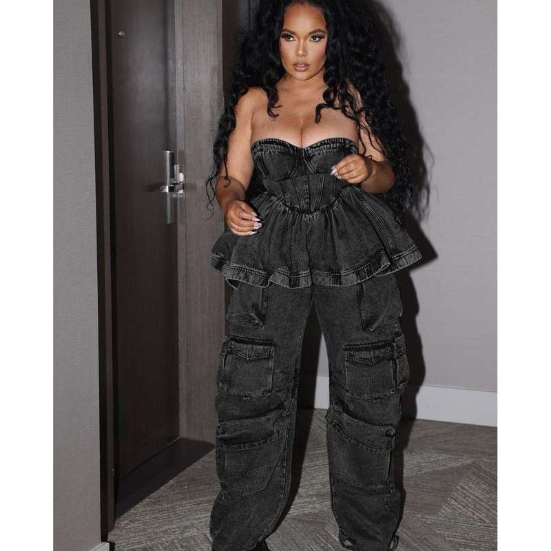 Denim Cargo Pants with Off-Shoulder Ruffle Top