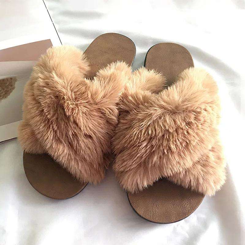 Crossover Faux Fur Slippers - MAROON / 4(38)