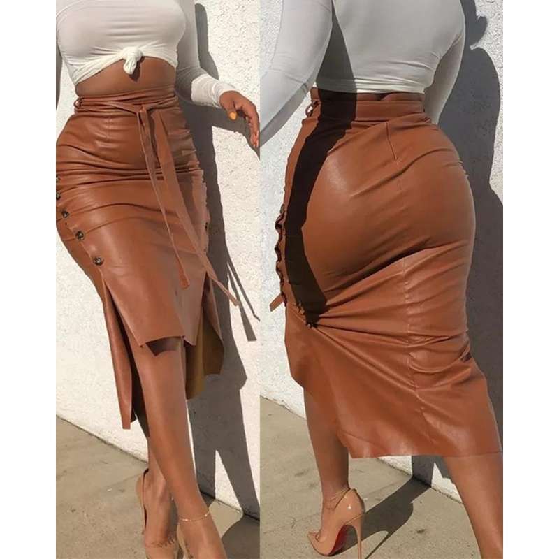 Side Button Pencil Skirt - ORANGE / S
