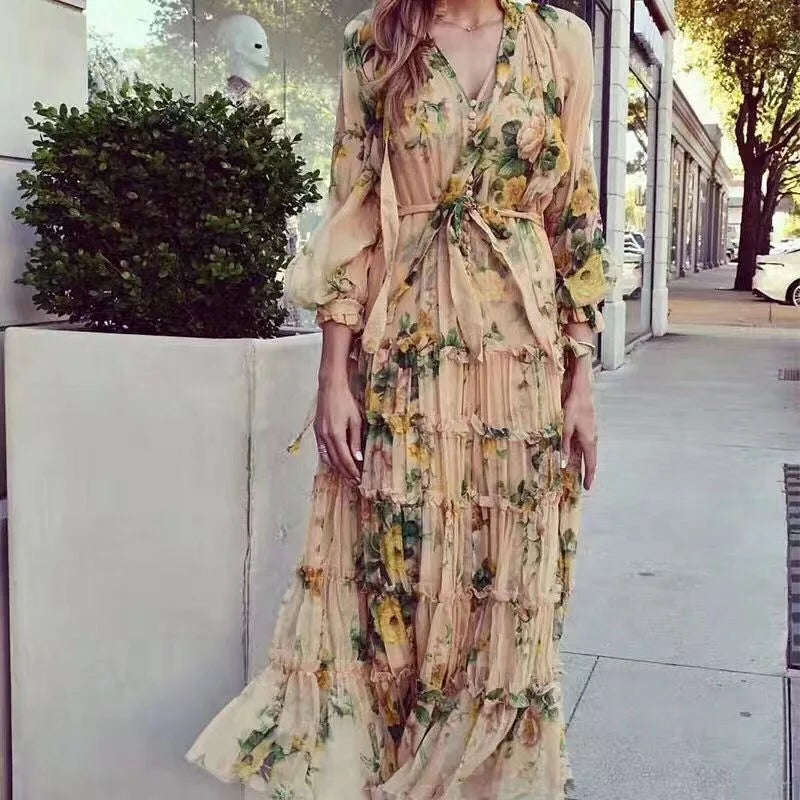 V-Neck Chiffon Floral Dress - L