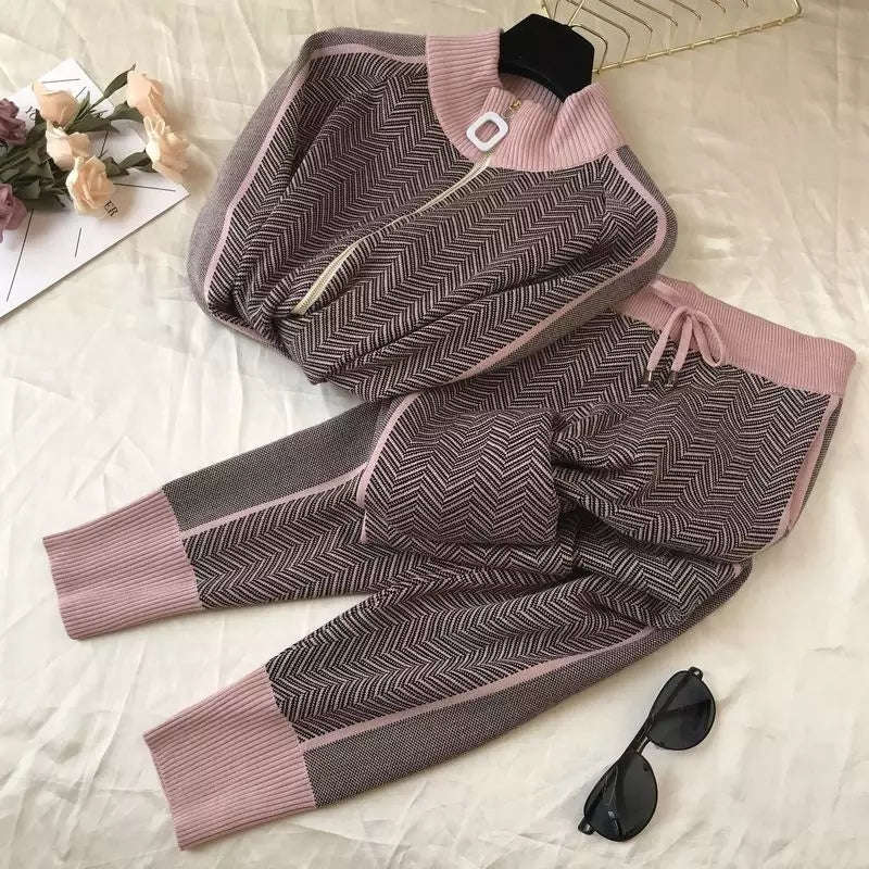Two piece Knitted Tracksuit Set - BLACK / L/XL