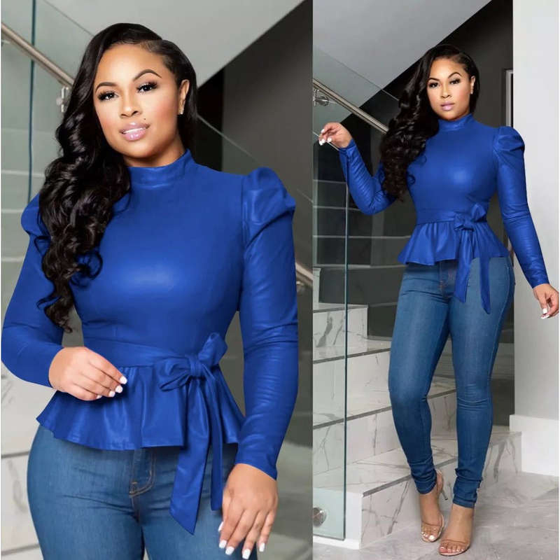 PU Leather Long Sleeve Ruffle Tops