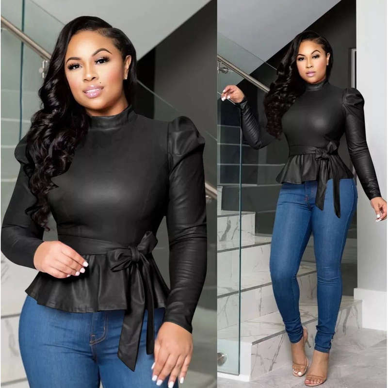 PU Leather Long Sleeve Ruffle Tops - BLACK / S