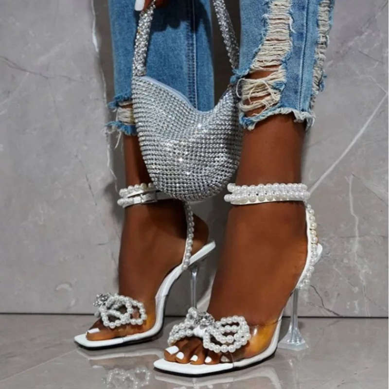 White Pearl Rope Bow High Heel