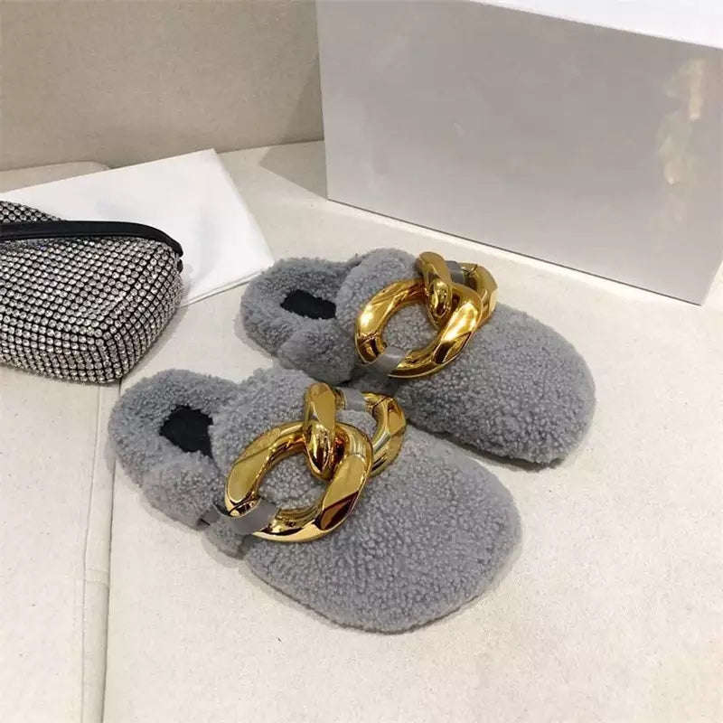 Fur Solid Color Flat Sandals