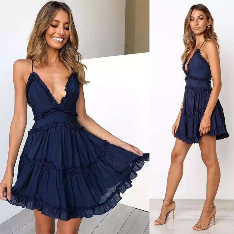 Sexy V-Neck Backless Short Mini Dress 