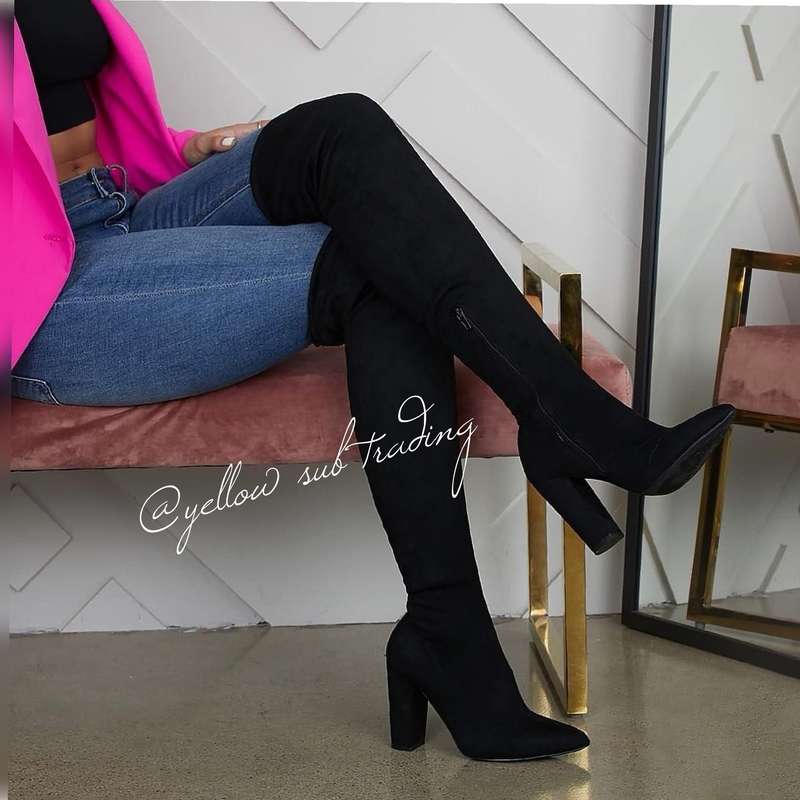 suede Chunky Heel Thigh High Sock Boots