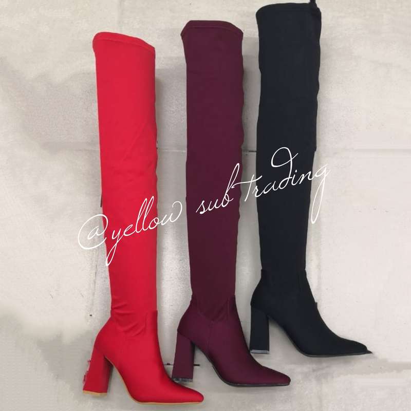 suede Chunky Heel Thigh High Sock Boots