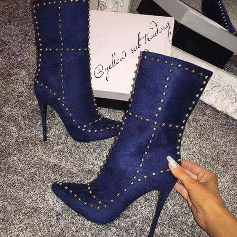 Pointed Toe Rivet Boots - BLACK / 8