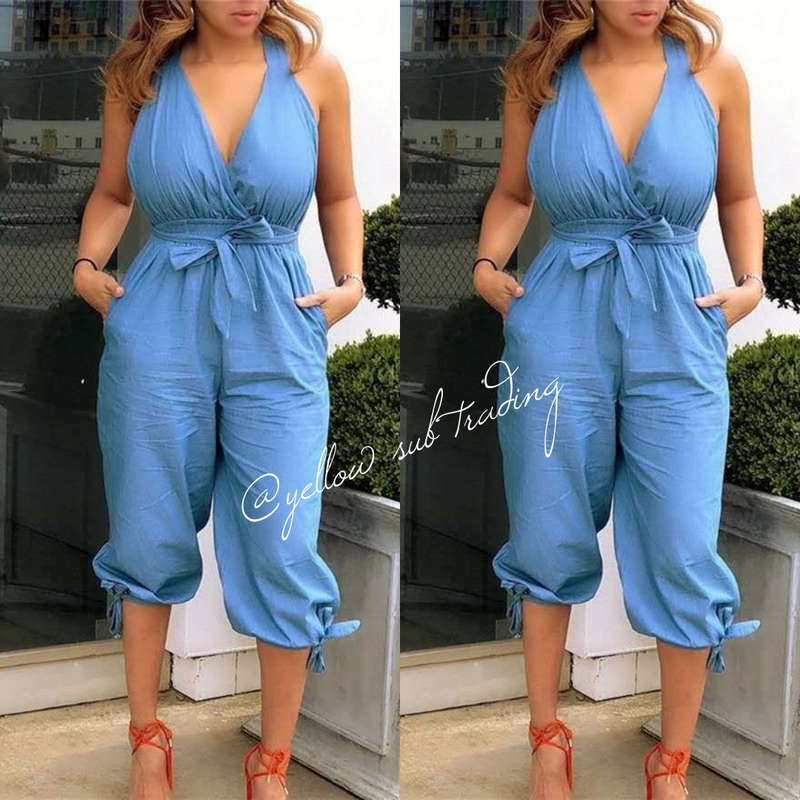 V Neck Backless Jumpsuits - KHAKI / S