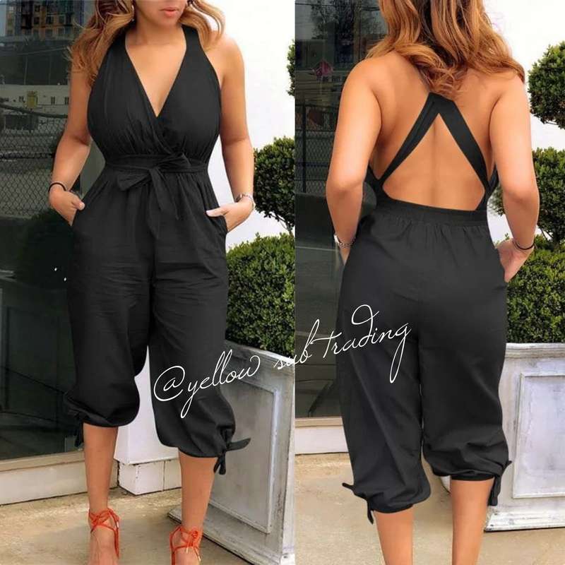 V Neck Backless Jumpsuits - KHAKI / S