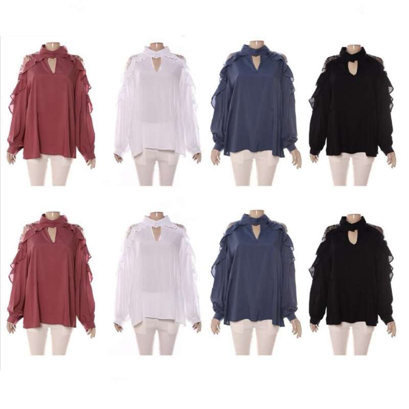Ruffle Long Sleeve V-Neck Blouse - PINK / M