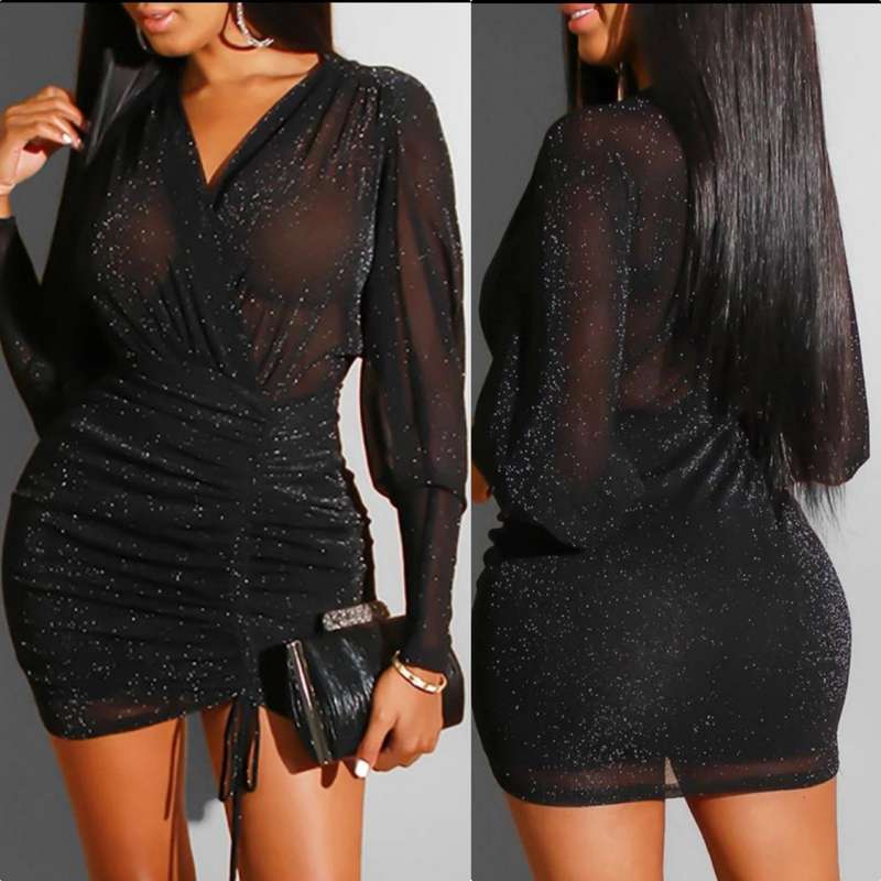 Sexy Mesh Glitter V Neck Dress