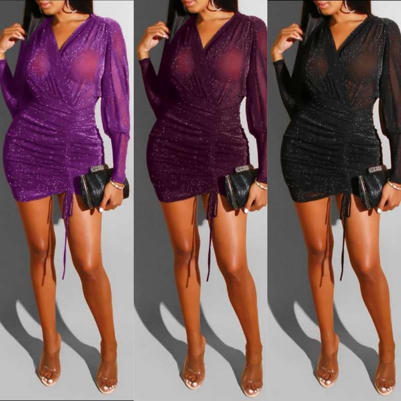 Sexy Mesh Glitter V Neck Dress