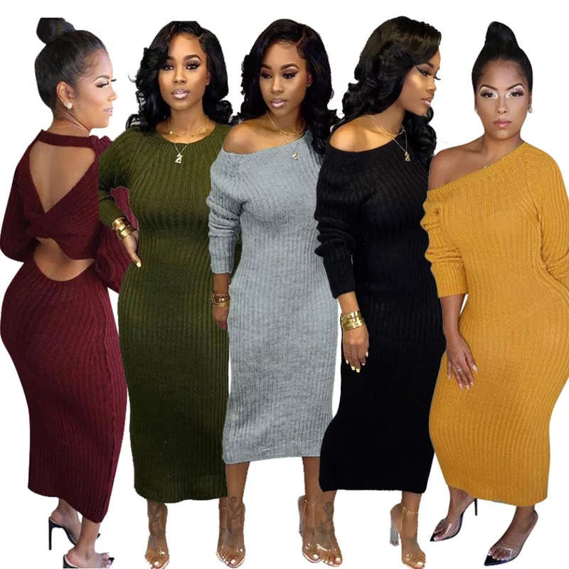 Sweater Long Sleeve Backless Dress