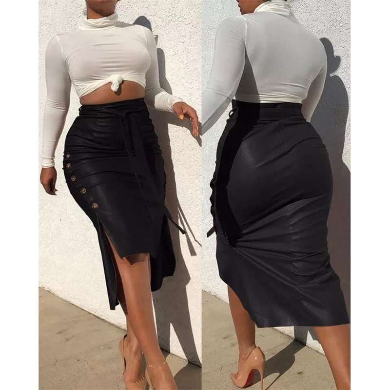 Side Button Pencil Skirt - ORANGE / S