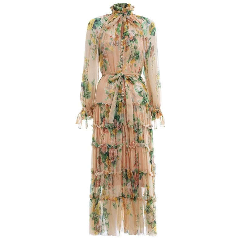 V-Neck Chiffon Floral Dress - L
